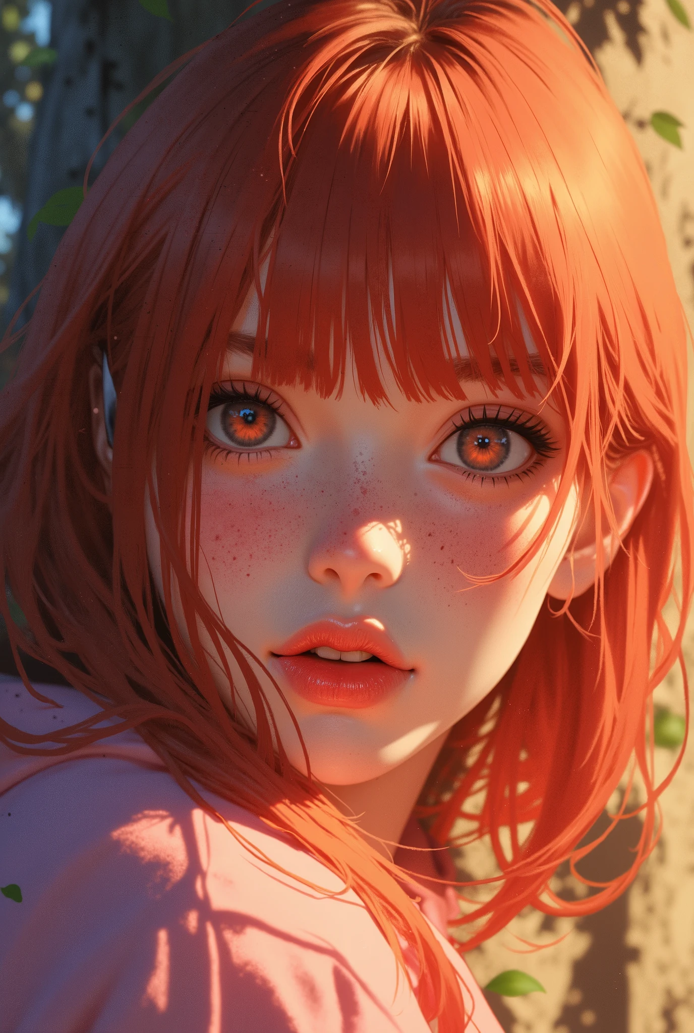 Niji_anime, masterpiece, high-resolution anime-style illustration, semi-realistic anime, cinematic composition, soft painterly shading, delicate gradients, cel-shaded highlights, expressive linework, subtle chromatic aberration, cinematic depth of field, watercolor-like textures, glowing ambient lighting, warm and cool contrast blending, highly detailed features, vibrant color palette, dynamic lighting effects.

A kawaii redhead girl with freckles, looking directly at the camera with big, captivating red almond-shaped eyes. Her cute face is framed by soft, flowing red hair that slightly frames her cheeks, creating an engaging and charming expression.

The background features a softly blurred tree, blending into a serene and natural setting, with gentle glowing ambient lighting adding a touch of warmth and cool contrast. The lighting is cinematic, enhancing her delicate features, with soft gradients that create a dreamy and ethereal atmosphere.

The brush strokes mimic watercolor textures, with delicate shading and smooth, expressive linework highlighting her features. Her eyes and facial expression are full of emotion, drawing the viewer in with a sense of intimacy and allure.

The overall image balances the warmth of her skin tone and the coolness of the background, giving it a dynamic yet serene atmosphere that feels both playful and calming, evoking a dreamy anime aesthetic with a touch of semi-realistic detail.