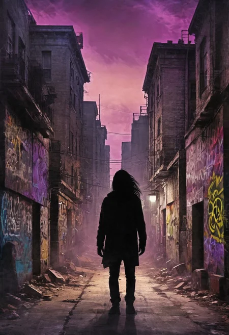 a world inside me, street, epic fantasy, dark fantasy, gritty, real, graffiti, long hair, (((silhouette))), expressionism art, fractals, stopwatch, deep purple and gray, at dusk, cinecolor, (dimmed colors:1.1), hdr, mentixis, linquivera