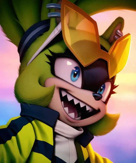 solo, surge the tenrec, blue eyes, female, yellow jacket, eyewear on head, open smile, portrait, starscape, by smiju, realistic, cinematic lighting, best quality, highly detailed, <lora:SurgeXL_030-Noob-nd64-lr2-ep26:1>