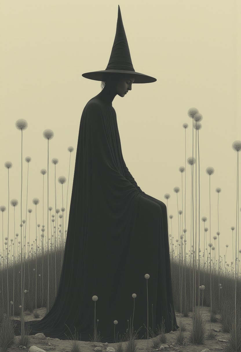 Embrace a captivating fusion of Impressionism and Minimalism in this simplistic yet emotionally charged painting depicting a secretive witch seated alone amidst an abstract landscape. The focus lies primarily on her slender silhouette, accentuated by linear shapes and clear lines that create a sense of calm elegance. Gently curving edges give way to reduction and uniformity of form, highlighting her essence while reducing extraneous detail. The color palette revolves around muted yet rich hues that capture the essence of dusk or dawn, emphasizing the mysterious ambiance that surrounds her. Soft illumination envelopes the scene, creating a mood of solitude and introspection. Impressionistic brushstrokes add subtle texture and movement to the scene, encapsulating the spirit of both art movements in a harmonious blend. This minimalist portrayal transcends traditional expectations of painting style, challenging the viewer to appreciate simplicity and the power of suggestion in capturing the depth of emotion and story within each line and curve. ,<lora:flux/fav/ck-charcoal-drawing-000014.safetensors:1.0:1.0>