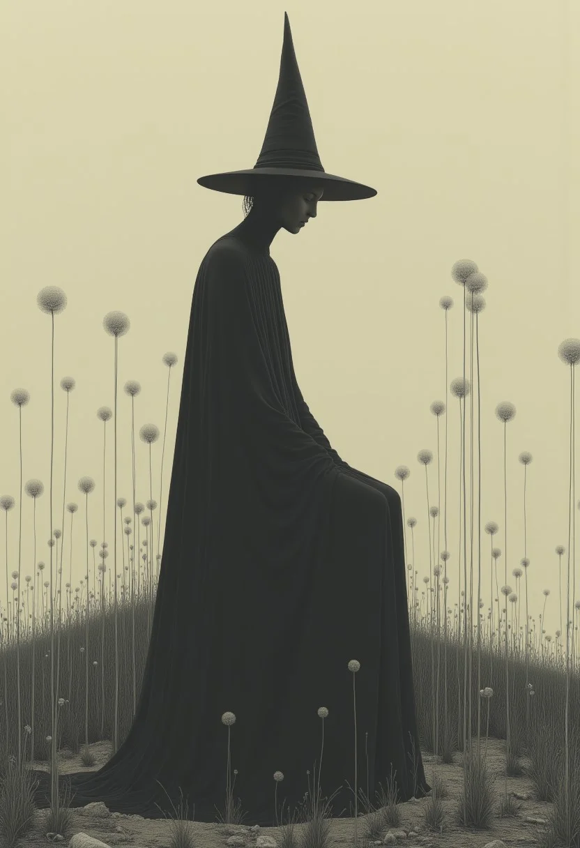 Embrace a captivating fusion of Impressionism and Minimalism in this simplistic yet emotionally charged painting depicting a secretive witch seated alone amidst an abstract landscape. The focus lies primarily on her slender silhouette, accentuated by linear shapes and clear lines that create a sense of calm elegance. Gently curving edges give way to reduction and uniformity of form, highlighting her essence while reducing extraneous detail. The color palette revolves around muted yet rich hues that capture the essence of dusk or dawn, emphasizing the mysterious ambiance that surrounds her. Soft illumination envelopes the scene, creating a mood of solitude and introspection. Impressionistic brushstrokes add subtle texture and movement to the scene, encapsulating the spirit of both art movements in a harmonious blend. This minimalist portrayal transcends traditional expectations of painting style, challenging the viewer to appreciate simplicity and the power of suggestion in capturing the depth of emotion and story within each line and curve. ,<lora:flux/fav/ck-charcoal-drawing-000014.safetensors:1.0:1.0>