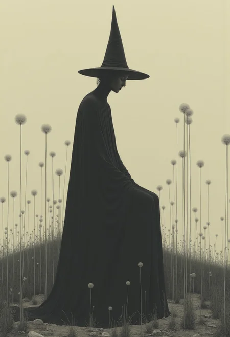 Embrace a captivating fusion of Impressionism and Minimalism in this simplistic yet emotionally charged painting depicting a secretive witch seated alone amidst an abstract landscape. The focus lies primarily on her slender silhouette, accentuated by linear shapes and clear lines that create a sense of calm elegance. Gently curving edges give way to reduction and uniformity of form, highlighting her essence while reducing extraneous detail. The color palette revolves around muted yet rich hues that capture the essence of dusk or dawn, emphasizing the mysterious ambiance that surrounds her. Soft illumination envelopes the scene, creating a mood of solitude and introspection. Impressionistic brushstrokes add subtle texture and movement to the scene, encapsulating the spirit of both art movements in a harmonious blend. This minimalist portrayal transcends traditional expectations of painting style, challenging the viewer to appreciate simplicity and the power of suggestion in capturing the depth of emotion and story within each line and curve. ,<lora:flux/fav/ck-charcoal-drawing-000014.safetensors:1.0:1.0>