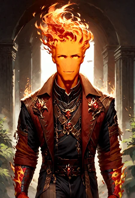 score_9, score_8_up, score_7_up, intricate details, rating_questionable,
<lora:dvr-gs:0.8>, dvr-gs, <lora:firehuman:1>,
1man(firehuman, fiery body, solo, cowboy shot, looking at the viewer, red iris, happy, bodybuilder, ), black background,
<lora:ral-chrosc-clr:0.5>, ral-chrosc-clr,
<lora:Expressive_H:0.5>
<lora:xl_more_art-full_v1:0.3>,
<lora:add-detail-xl:0.3>,