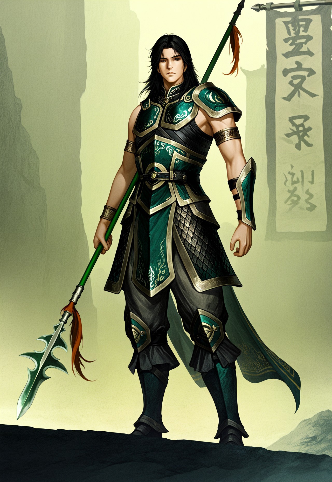 masterpiece, very aesthetic, newest, high score, best quality, absurdres, End_Dynasty_Warriors_4, polearm, 1boy, black hair, standing, weapon, male focus, solo, holding weapon, armlet, holding, armor, spear