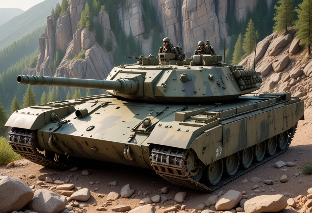 (medium full shot) of (battle-worn medium forest-camo tank) with composite armor, gas-turbine, low-profile chassis, additional storage compartments, set in  a rocky canyon, with steep slopes and loose rocks, the tank climbing with difficulty, during a dawn operation, Masterpiece,best quality, photo, realistic, very aesthetic,
