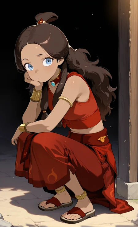 masterpiece,best quality,amazing quality, absurdres, solo, 1girl, <lora:IlluKatara:1> illukatara, dark-skinned female, brown hair, blue eyes, long hair, topknot, finaoutfit, midriff, armlet, armband, choker, dress, squatting, sandals,