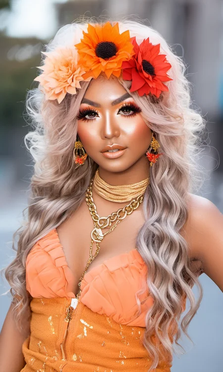 <lora:Gyaru:1> A radiant gyaru girl glowing like a sunset, dressed in warm shades of orange, gold, and deep red. Her voluminous curls, adorned with puffballs and tiny sunflower clips, shine under the golden light. She wears a stylish halter top with a shimmering gradient that transitions from fiery orange to deep crimson, layered with delicate gold chains and chunky bangles. Her vibrant makeup features golden highlighter, sunset-toned eyeshadow, and glossy coral lips, giving her a sun-kissed glow. The upper-body portrait captures her warm, extroverted energy, exuding confidence and summer vibes.