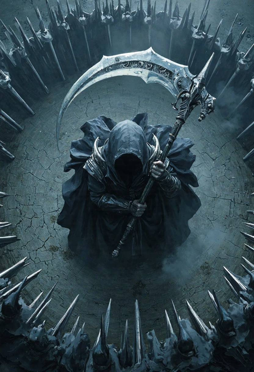 A powerful, hooded figure reminiscent of the Grim Reaper, viewed from above and surrounded by a ritualistic circle of spears. Clad in dark, flowing robes and wielding a majestic scythe, the figure exudes death, mystery, and authority. Rendered in a cold, desaturated palette with intricate textures and ceremonial details, the image creates a hauntingly majestic atmosphere—suggesting themes of finality, fate, and divine reckoning in a dark fantasy realm.







