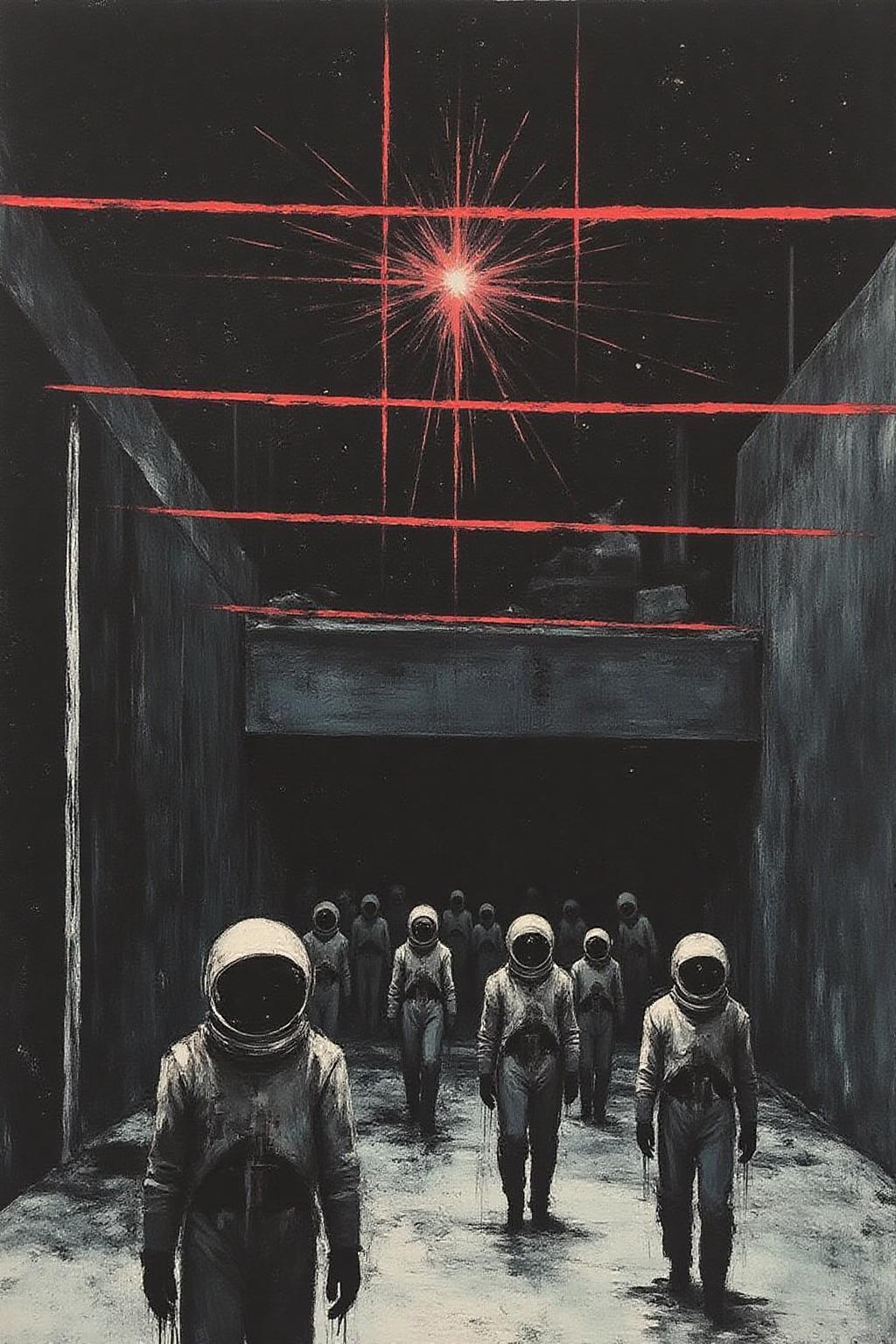 apoca1 illustration. a group of astronauts in a dark alleyway, their shadows cast on the ground below their faces., there is a black wall with a white stripe running down the center of it. In front of the wall, there are laser beams on the space above. The background of the scene is dark, creating a stark contrast with the red lines. <lora:apocalypse_now4_nocap_d4a2:1.0><lora:803187841304713513:0>