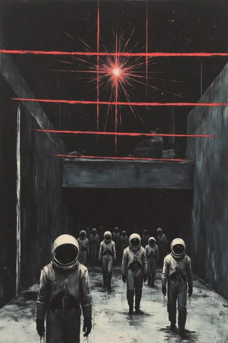 apoca1 illustration. a group of astronauts in a dark alleyway, their shadows cast on the ground below their faces., there is a black wall with a white stripe running down the center of it. In front of the wall, there are laser beams on the space above. The background of the scene is dark, creating a stark contrast with the red lines. <lora:apocalypse_now4_nocap_d4a2:1.0><lora:803187841304713513:0>