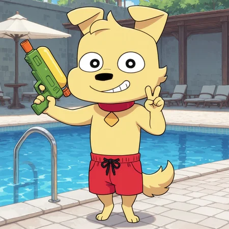 1boy, 2d, solo, Benny, male, anthro, dog, red collar, black eyes, black nose, yellow fur, face tuft, tail, red swimming trunks, 

BREAK grin, looking at viewer, holding watergun in one hand, pool, sunny day, standing, peace sign, 

BREAK best quality, amazing quality, very aesthetic, absurdres, newest, masterpiece, high quality, highres