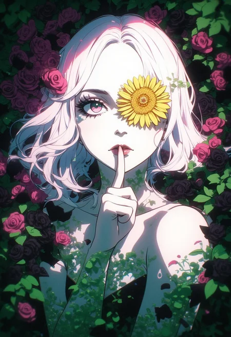 An Acrylic style painting that is expressive, gives it a dynamic and emotional quality. Anime art of a stylized portrait of a woman with a ethereal pink and green mist surrounding her body. The mist creates a dramatic and surreal effect. A yellow flower, that is blooming, covering one eye, attached to the face. The woman has a cold aesthetic, complimented by her white hair. Anime art of woman draped in shadows with a lighting that enhances her unique features.
The background is dark green, filled with black rose petals.
Holding finger to lips, shush, shushing motion,