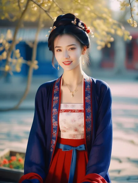 cinematic photo A beautiful girl,sweet smile,dark blue and red,spring, beautiful sunshine, pretty light, beautiful face,highly detailed,szhf dress <lora:szhf:0.8> . 35mm photograph, film, bokeh, professional, 4k, highly detailed