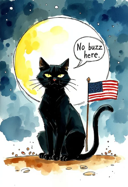 Watercolor painting of a black cat on the surface of the moon next to an American flag. Speech bubble "No buzz here"