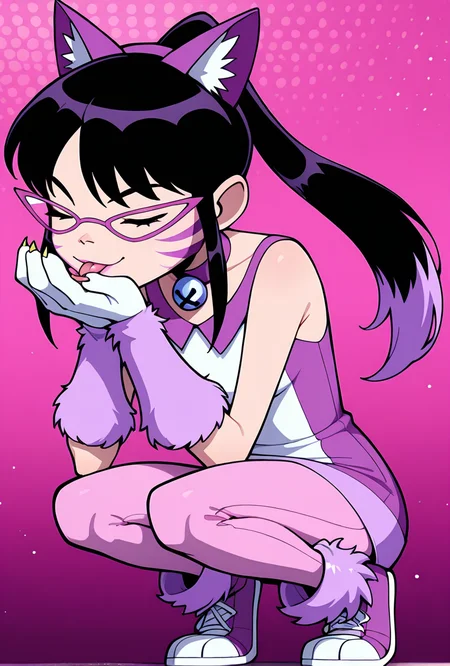 <lora:nyancychan-10:1> nyancychan, black hair, 1girl, long hair, cat ears, purple glasses,  claws, gloves, neck bell, purple choker, whisker markings, ponytail, pink pants, short dress, sleeveless, sharp canines, pink lipstick, expressive, facial expression,(( cartoon, screencap)), pink theme, crouching, licking hand, closed eyes, cat toys,, masterpiece, best quality, amazing quality, very aesthetic, absurdres, newest,