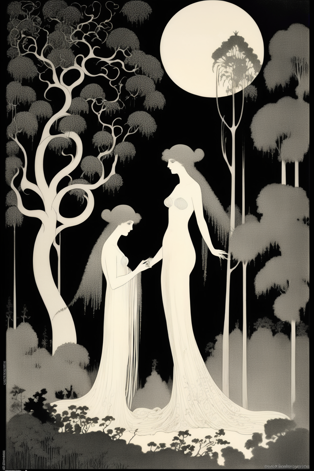 <lora:Lotte Reinige Style:1>Lotte Reinige Style - Aubrey Beardsley's illustration depicting a young and beautiful goddess Venus standing in a enchanting flwoer grove under the moonlight shadow