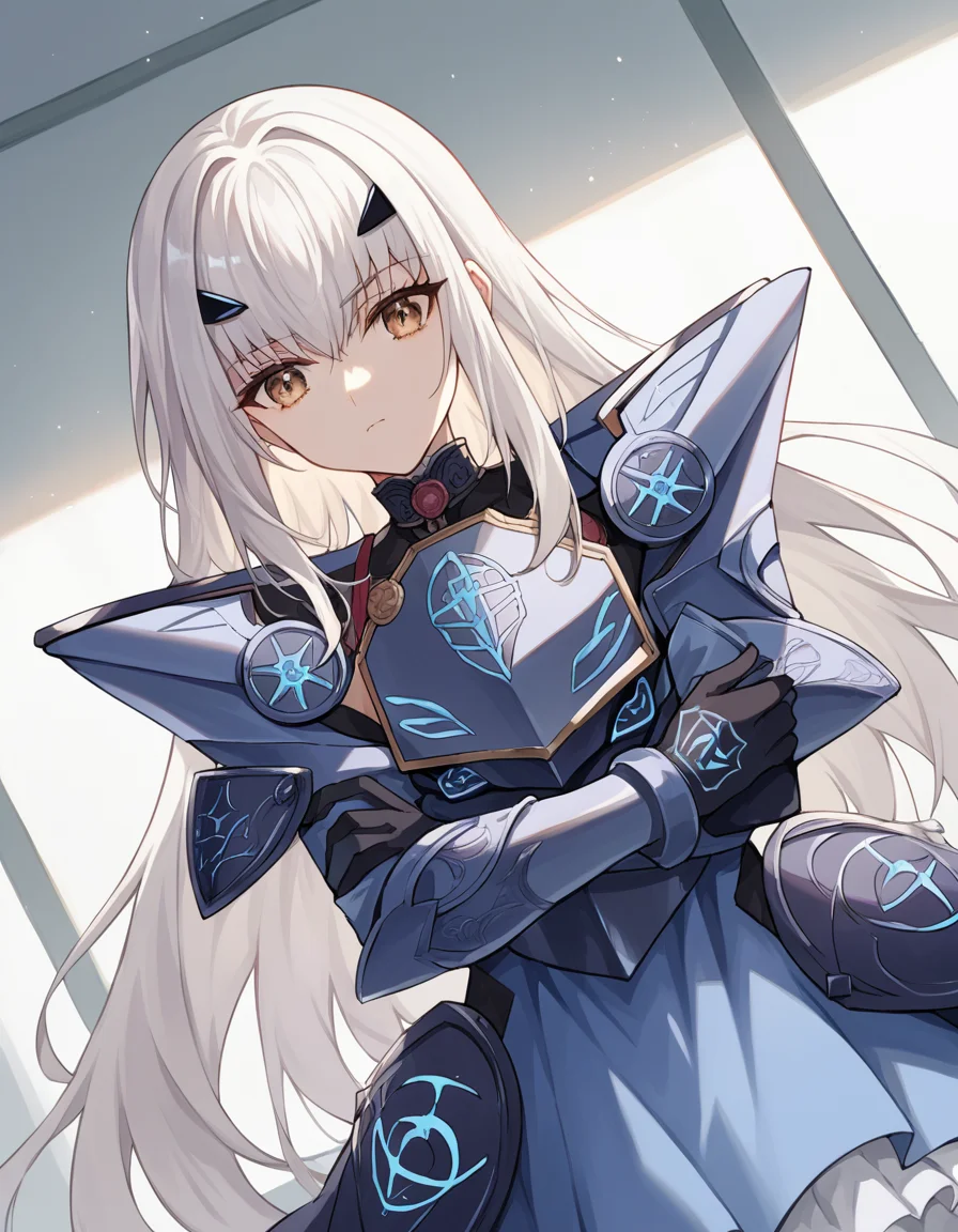 score_9, score_8_up, score_7_up, source_anime, <lora:fgo-melusine-ponyxl-lora-nochekaiser:1>, melusine, brown eyes, long hair, white hair, sidelocks,, armor, armored dress, black dress, black gloves, blue armor, blue dress, breastplate, dress, faulds, gloves, mask, pauldrons, short dress, shoulder armor,, hospital room, bedside, get well flowers, comforting, quiet, , , hand making an OK sign, solo,, cowboy shot, dutch angle