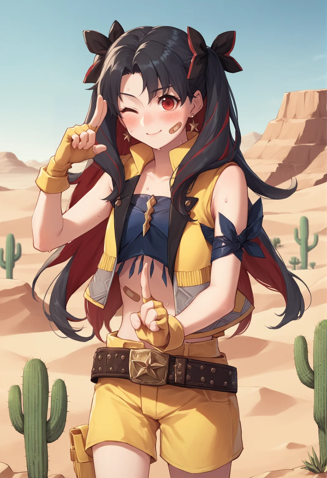 1girl, long hair, multicolored hair, twintails, two-tone hair, black hair, red hair, hair bow, two side up, red eyes, earrings, bandaid, yellow vest, yellow shorts, fingerless gloves, belt, jewelry, bandages, cowboy shot, outdoors, desert, cactus, wink, finger gun, blushing, sweat <lora:Ishtarin:1>, score_9, score_8_up, score_7_up, score_6_up, score_5_up, score_4_up, BREAK source_anime, masterpiece