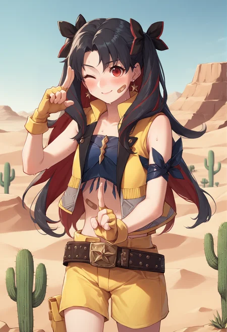 1girl, long hair, multicolored hair, twintails, two-tone hair, black hair, red hair, hair bow, two side up, red eyes, earrings, bandaid, yellow vest, yellow shorts, fingerless gloves, belt, jewelry, bandages, cowboy shot, outdoors, desert, cactus, wink, finger gun, blushing, sweat <lora:Ishtarin:1>, score_9, score_8_up, score_7_up, score_6_up, score_5_up, score_4_up, BREAK source_anime, masterpiece