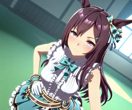 masterpiece, best quality, amazing quality, , 1girl, solo, looking at viewer, <lora:Mejiro Dober in game style 3D ILL-v2:1> ummsmingame, 3d, mejiro dober \(umamusume\),