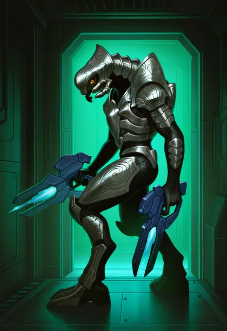 masterpiece, best quality, hires, absurdres, newest, 1boy, black skin, <lora:arbiter-halo-richy-v1_ixl:1> arbiter, mandibles, helmet, grey armor, shoulder armor, 4 fingers, dark, darkness, night, dark theme, indoors, science fiction, orange eyes, green theme, looking at viewer, full body, from side, blue gun, plasma rifle, holding gun, dual wielding