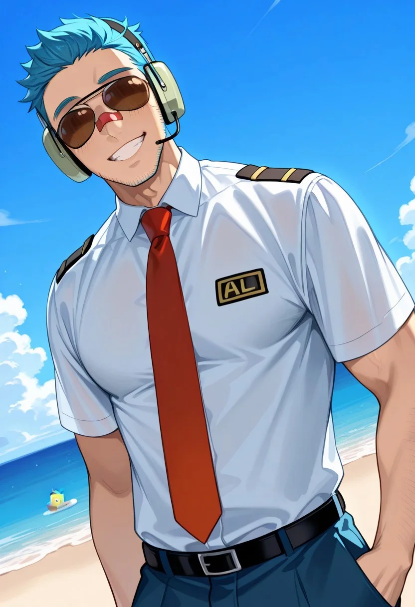 score_9, score_8_up, score_7_up, score_6_up, perfect anatomy, perfect proportions, best quality, masterpiece, high_resolution, high quality, solo male, Wilbur \(Animal Crossing\), personification, humanization, gijinka, blue hair, short hair, black eyes, blue facial hair, jawline stubble, aviation pilot, white collared shirt, red necktie, aviator sunglasses, aviator headset, blue pants, bandaid on nose, adult, mature, masculine, manly, grin, seductive, handsome, charming, alluring, standing, upper body, dutch angle, cowboy shot, beach, day, blue sky, ACWilbur, ACWilbur_outfit01, short sleeves, accurate necktie