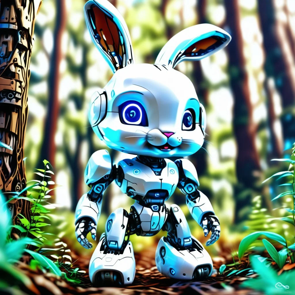 a Jed-Rbmls electric bunny in the forest, <lora:Robomals-000006:0.7>, <lora:Jedtailer:0.4>