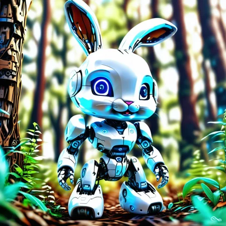 a Jed-Rbmls electric bunny in the forest, <lora:Robomals-000006:0.7>,  <lora:Jedtailer:0.4>