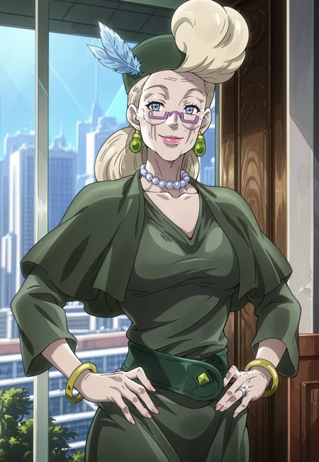 (masterpiece, amazing quality, best quality, anime coloring,detailed),very aesthetic, illustration, perfect composition, intricate details, absurdres, incredibly absurdres, (((1girl,solo,OldSuziQ, Blonde Hair, Blue Eyes, Pink Lipstick, Purple Glasses, Green Earrings, Mature,Dark Green Hat, Blue Hat Feather, Pearl Necklace, Dark Green Shawl, Dark Green Dress, Forest Green Belt, Gold Bracelets, Silver Wedding Ring,perfect face,detailed eyes))),cowboy shot,standing,hands on hips,smile,looking at viewer,indoors, apartment, window, city background