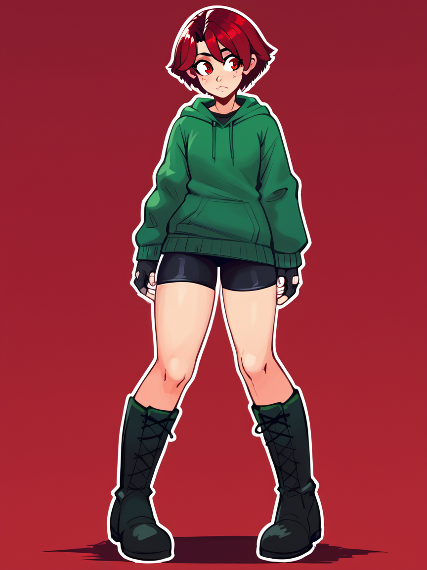 score_9, score_8_up, score_7_up, score_6_up, score_5_up, score_4_up, solo, 1girl, white outline, red background, knee boots, black boots, <lora:raichiyo33XLP_715566:1> raichiyo33,  <lora:Elena-05:1> Enti, red hair, red eyes, short hair, green hoodie, bike shorts, fingerless gloves,