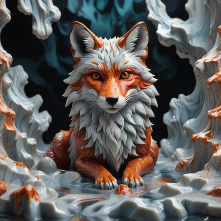 Liquid Marble, fox, detailed, ultrarealistic, silver/orange/red colours