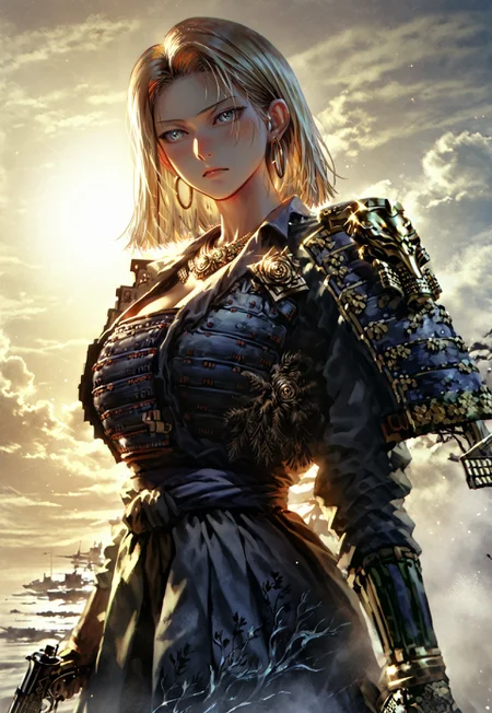 safe_pos, score_9, score_8_up, (cowboy shot:1.5), chest focus, best quality, masterpiece, high contrast, 8k, highly detailed, extremely detailed face, beautiful , Android No. 18, indifferent, blushing, excited, arrogant, side-parted blond hair, slender and perfect figure, (huge breasts: 1.2), thin waist, sexy long legs, beautiful blue eyes, big hoop earrings, wearing Japanese Warring States period armor, holding a Japanese Warring States Period matchlock gun , body shot from waist up, detailed background, surreal, HD, extremely detailed, high resolution, cinematic lighting, octane rendering, 8k resolution, Artstation quality, Horizontal viewing angle