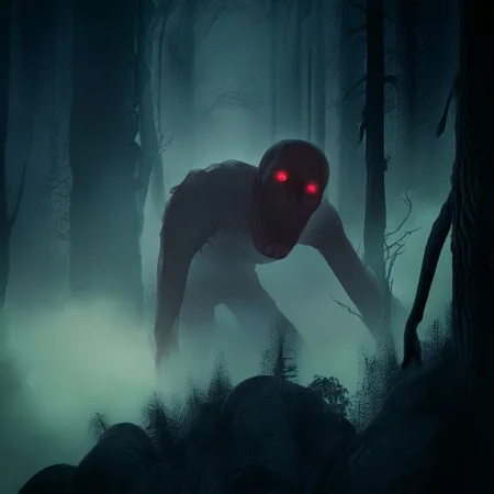 source_anime, source_game, score_9, score_7_up, (CR33P1NGF0G, fog), Scream_(movie), (ghostface), fog, dark, night, haze, 1man, scenery, forest, monster, red eyes, glowing, detailed, the_witcher_3 , detailed background,