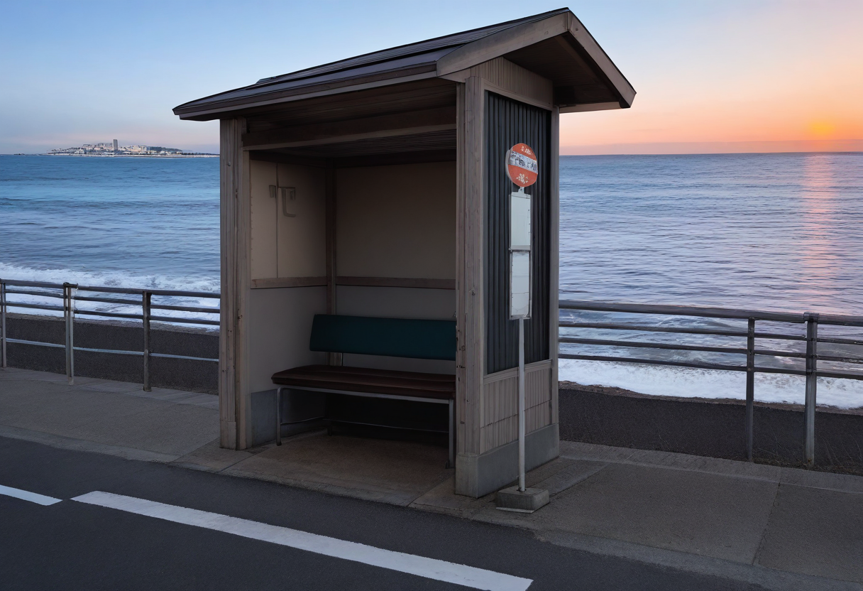 basutei, bus stop, no humans, scenery, ocean, road, outdoors, bench, street, sky, real world location, horizon, water, railing, building, sign, fence, day, shore, stairs, crosswalk, beach, sunset, sunlight, cinematic lighting, 
photorealistic, photo background, 
masterpiece, best quality, amazing quality, very aesthetic, absurdres, newest,
 <lora:sc_bustei_illustrious_V1L:0.8>
