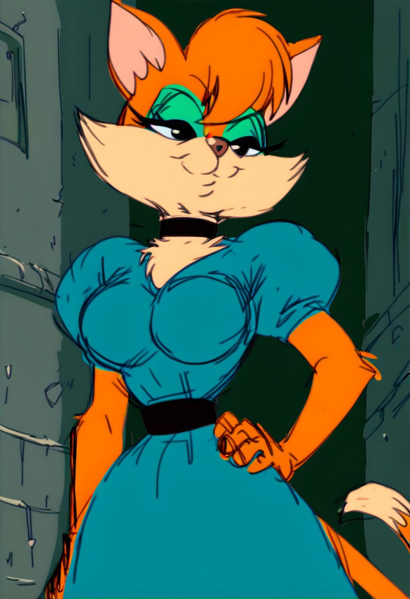 score_9, score_8_up, score_7_up, score_6_up, score_5_up, score_4_up, source_furry, Tabitha_Fantomcat, detailed eyes, detailed face, (retro artstyle, 1990s \(style\),1girl, dress, furry female, puffy sleeves, puffy short sleeves, furry, short sleeves, eyeshadow, solo, hand on own hip, animal ears, half-closed eyes, makeup, blue dress, animal nose, standing, choker, sketch, closed mouth, black choker, body fur, orange hair, breasts, tail, black eyes, blue eyeshadow, smile, outdoors, looking down, short hair
 <lora:tabitha-v1:1>