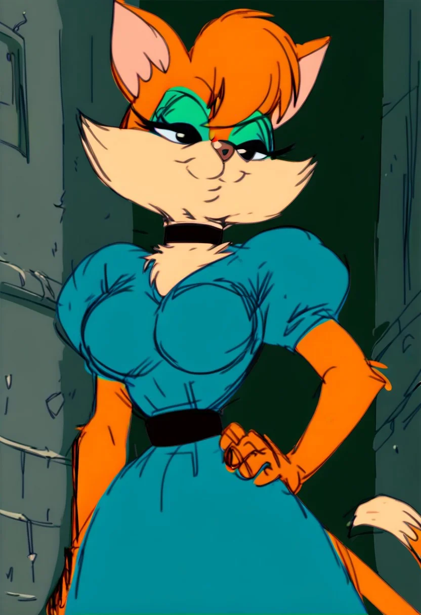 score_9, score_8_up, score_7_up, score_6_up, score_5_up, score_4_up, source_furry, Tabitha_Fantomcat, detailed eyes, detailed face, (retro artstyle, 1990s \(style\),1girl, dress, furry female, puffy sleeves, puffy short sleeves, furry, short sleeves, eyeshadow, solo, hand on own hip, animal ears, half-closed eyes, makeup, blue dress, animal nose, standing, choker, sketch, closed mouth, black choker, body fur, orange hair, breasts, tail, black eyes, blue eyeshadow, smile, outdoors, looking down, short hair
<lora:tabitha-v1:1>