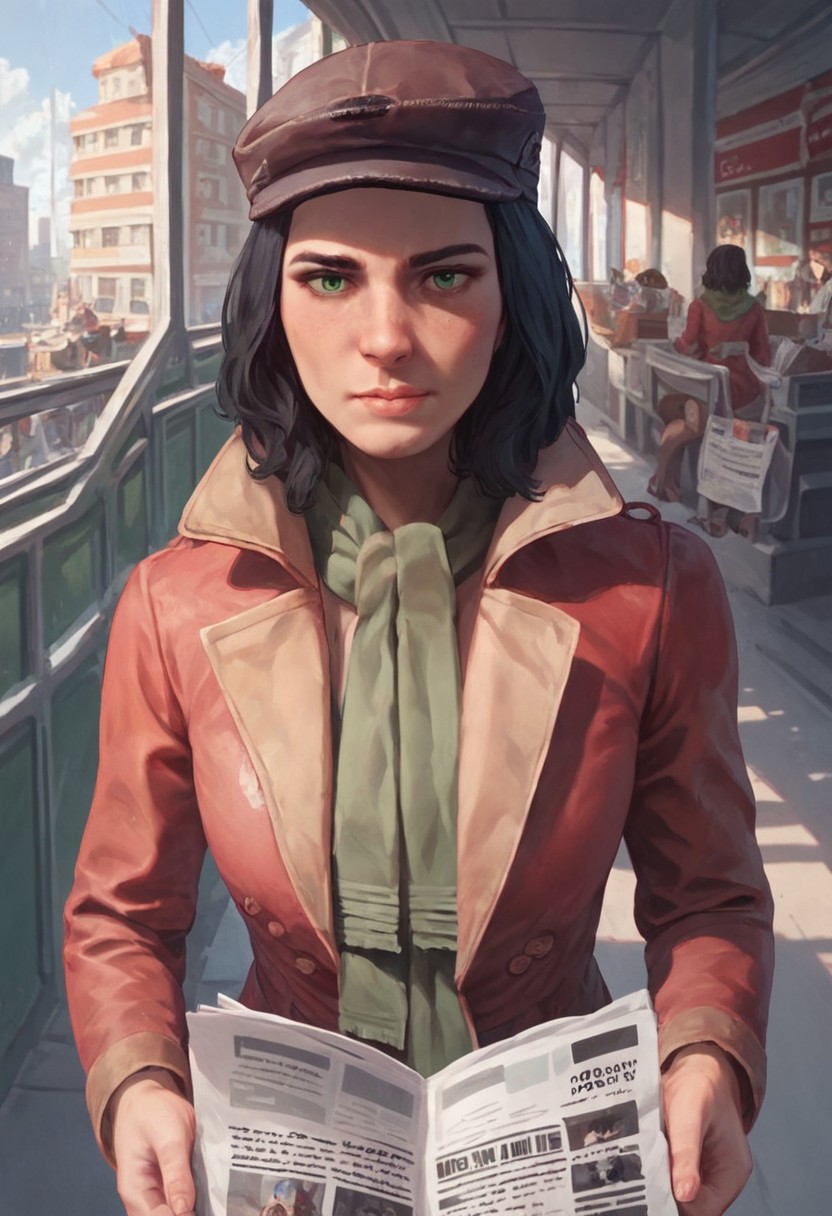 Score_9, Score_8_up, Score_7_up,Piper,press cap,black hair,green eyes,red coat,green scarf,1girl,solo, reading newspaper, holding newspaper,pov,building interior