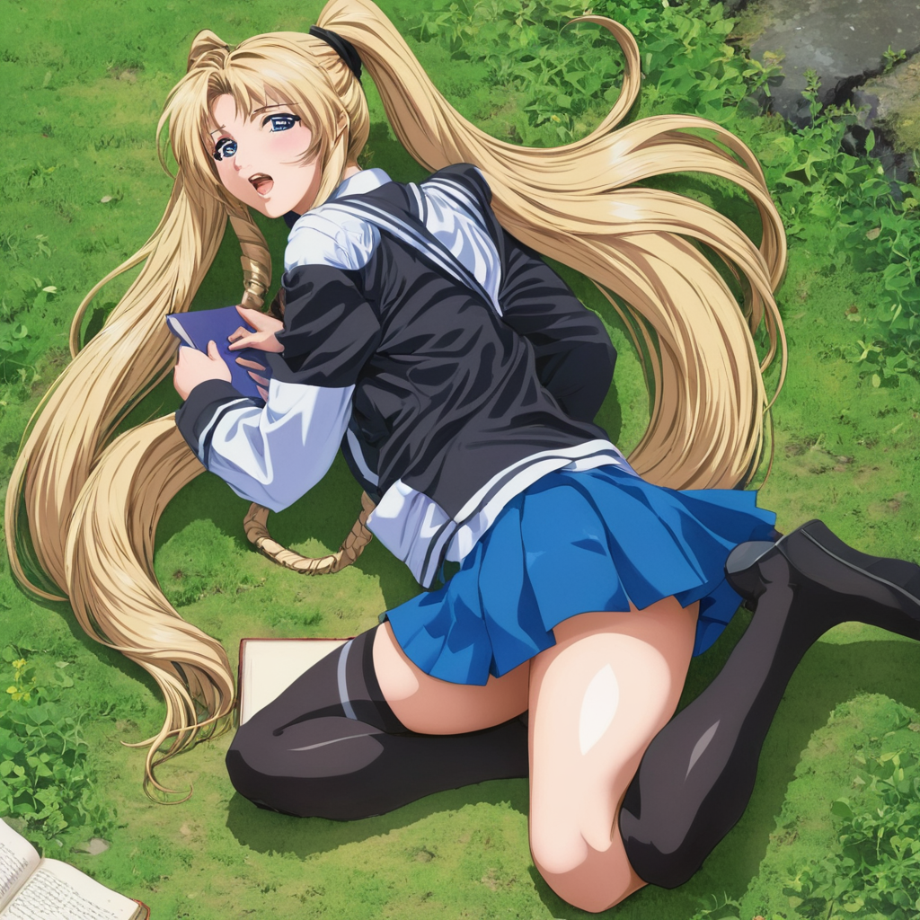 anime artwork of  <lora:BB_Kaori Saeki:1>
Kaori Saeki a girl sitting on the ground reading a book,1girl,solo,long hair,open mouth,blue eyes,skirt,blonde hair,thighhighs,holding,sitting,school uniform,ponytail,looking back,black thighhighs,zettai ryouiki,book,seiza,blonde hair,long hair,pony tail,eroge,anime,manga,nsfw,cartoon,Adult animation,explicit,Original video animation,Baiburu Burakku style,Bible Black style ,blonde hair, long hair, pony tail, eroge,anime,manga,nsfw,cartoon,Adult animation,explicit,Original video animation, Baiburu Burakku style, Bible Black style, anime style, key visual, vibrant, studio anime,  highly detailed