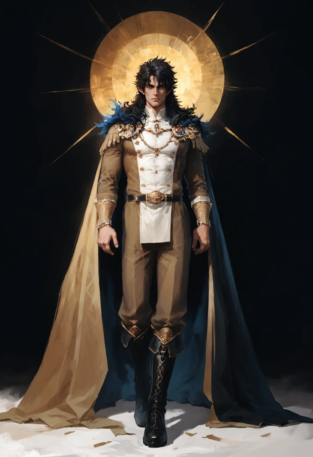 score_9, score_8_up, score_7_up, score_6_up, score_5_up, score_4_up,
<lora:FantasyPaintingsPonyXL:1> pa1nt1ng,
1boy, solo, black hair, long hair, pointy ears, white background, full body, simple background, cape, hair between eyes, looking at viewer, standing, blue eyes, boots