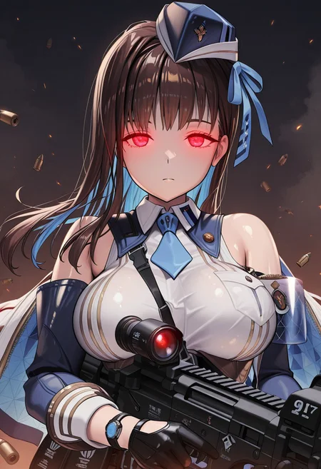 masterpiece,best quality,highres, shiny skin,
mariank963, 1girl, solo, long hair, brown hair, blue inner hair, bangs, large breasts, official_art, def_mariank963, garrison cap, blue headwear, black gloves, bare shoulders, blue necktie, sleeveless shirt, white shirt, collared shirt, detached sleeves, elbow gloves, white cape, blue inner cape, hair ribbon, blue ribbon, upper body, holding assault rifle, action scene, bullet, action camera, emotionless, red eyes, corrupted_marian, glowing eyes,