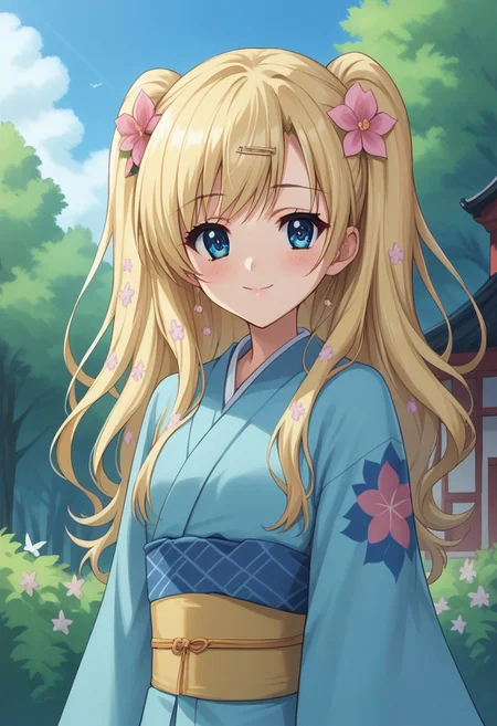 score_9, score_8_up, score_7_up, source_anime, highly detailed,
cordeliaglauca, 1girl, solo, japanese clothes, blonde hair, kimono, long hair, smile, hair ornament, blue eyes, flower, obi, sash, floral print, upper body, blue kimono,
twintails, hair flower, looking at viewer, hagoita, furisode, standing, two side up, blush, wide sleeves,
outdoor, sky, tree