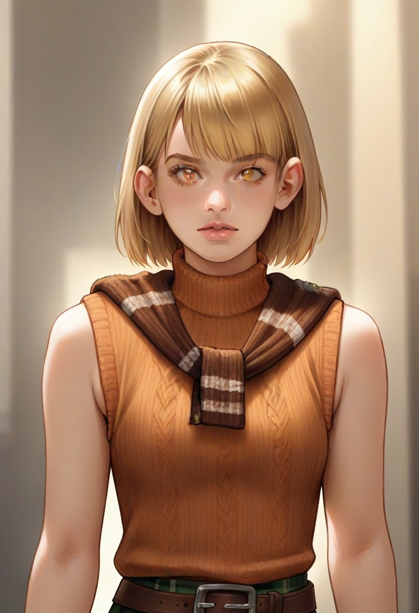 <lora:ashleygraham:0.9>, ashleygraham, photorealism, 1girl,solo,blonde hair,bob cut,bangs, golden eyes,orange turtleneck,sleeveless,brown sweater over shoulder,,green plaid skirt,brown belt, ,,,