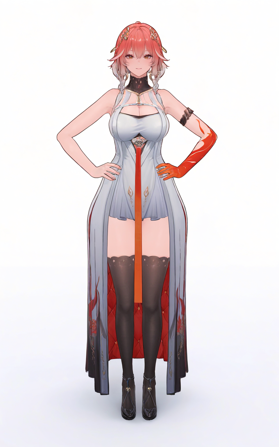 8k, best quality, masterpiece, (ultra-detailed), (high detailed skin), 
(full body:1.25), (white background:1.4), (simple background), standing, looking at viewer, (solo:1.2), hands on hips, 
<lora:changli-a3-Tanger:0.8>, changli, alternate clothes, red single glove, white dress, sleeveless dress, 1girl, breasts, thighhighs, black footwear, 
(beautiful_face), ((intricate_detail)), clear face, 
((finely_detailed)), fine_fabric_emphasis, 
((glossy)), full_shot,