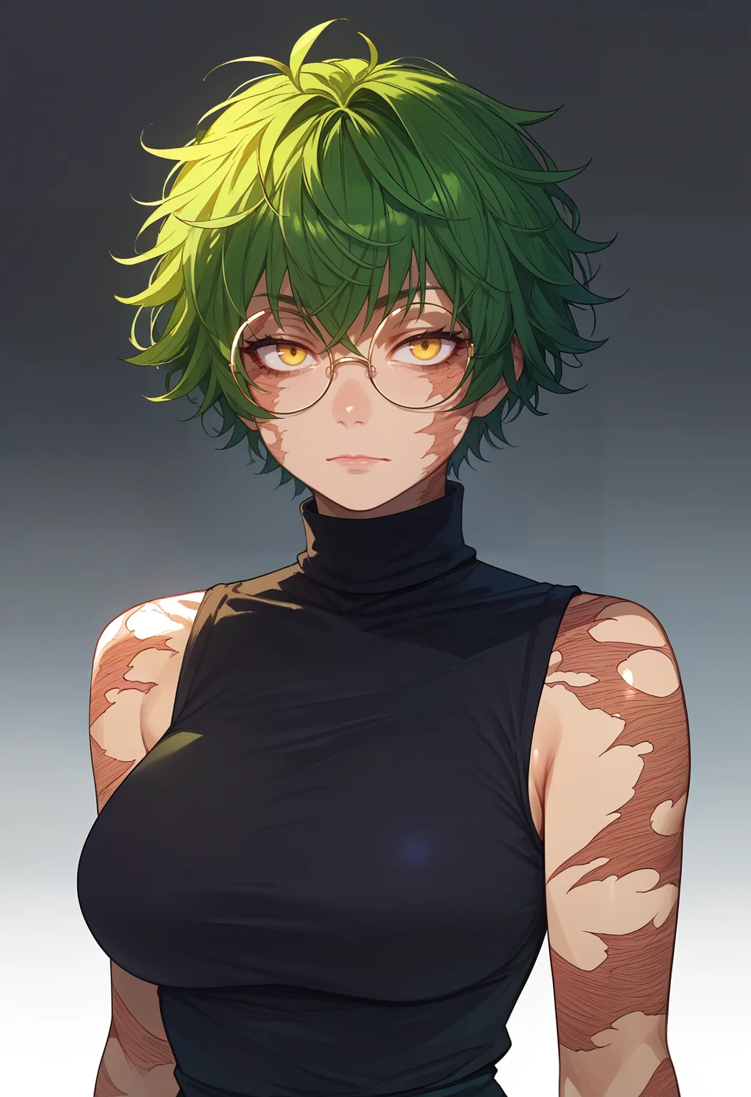 score_9,score_8_up,score_7_up,score_6_up,<lora:maki zenin pdxl goofy:1>maki zenin, 1girl, solo, glasses, scar,large breasts, round eyewear, short hair,messy hair,green hair,yellow eyes,portrait,upepr body,black turtleneck, sleeveless, white background,