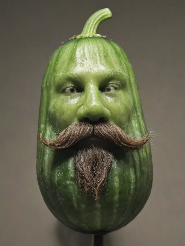 depiction of a lifeless cucumber which is sporting a brdanmu beard and mustache, <lora:- SDXL - brdanmu_ beard_mustache_V1.0:.6>