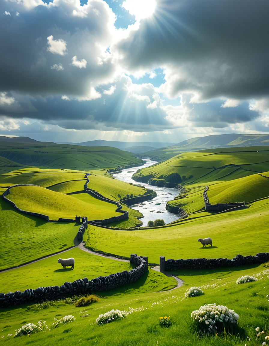 A breathtaking, high-resolution photograph of the rolling plains of Ireland, stretching endlessly under a vast, cloud-streaked sky. The landscape is a lush, vibrant green, with gentle hills covered in soft grass and dotted with scattered wildflowers. Ancient stone walls and winding dirt paths cut through the fields, marking old farmland boundaries. In the distance, a few solitary sheep graze peacefully, their white wool contrasting against the emerald grass. A small, clear river meanders through the valley, reflecting the soft light of the sky. The horizon is framed by low, misty mountains, adding depth and mystery to the scene. Above, the sky is a mix of bright blue and fluffy white clouds, casting dynamic shadows across the landscape as beams of sunlight break through. The atmosphere is serene, timeless, and rich with the natural beauty of the Irish countryside.
<lora:SDXLFaeTastic2400:0.4> <lora:extremely_detailed:0.4> extremely detailed, <lora:rolling_plains_of_1r3l4nd:1>,rolling plains of 1r3l4nd, Masterpiece,best quality,hi res,8k,hi res,8k,award winning,(sharp focus, intricate, highly detailed),
