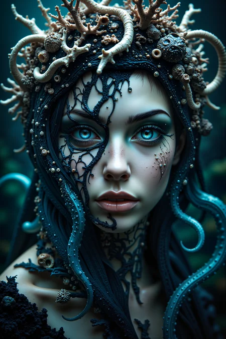 A close-up of a witch-like figure with a crown of twisted bones and coral, their features both human and oceanic. One side of their face is covered in barnacle-like growths, contrasting with the smooth, alabaster skin on the other side. Their eyes are mismatchedâone a deep, stormy blue, and the other a milky, pearl-like orb with shifting shadows within. Translucent, bioluminescent tentacles emerge from their collar, writhing softly in a faint, ghostly light. In the background, ancient shipwrecks and coral reefs can barely be seen through the dark, murky depths, creating an eerie, underwater ambiance.<lora:midjourney_whisper_flux_lora_v01:0.5><lora:aidmaMJ6.1-FLUX-V0.1:0.4><lora:FluxMythP0rtr4itStyle:0.4><lora:detailed_flux_ntc:2.2><lora:aidmaImageUpgrader-FLUX-V0.1:0.65>