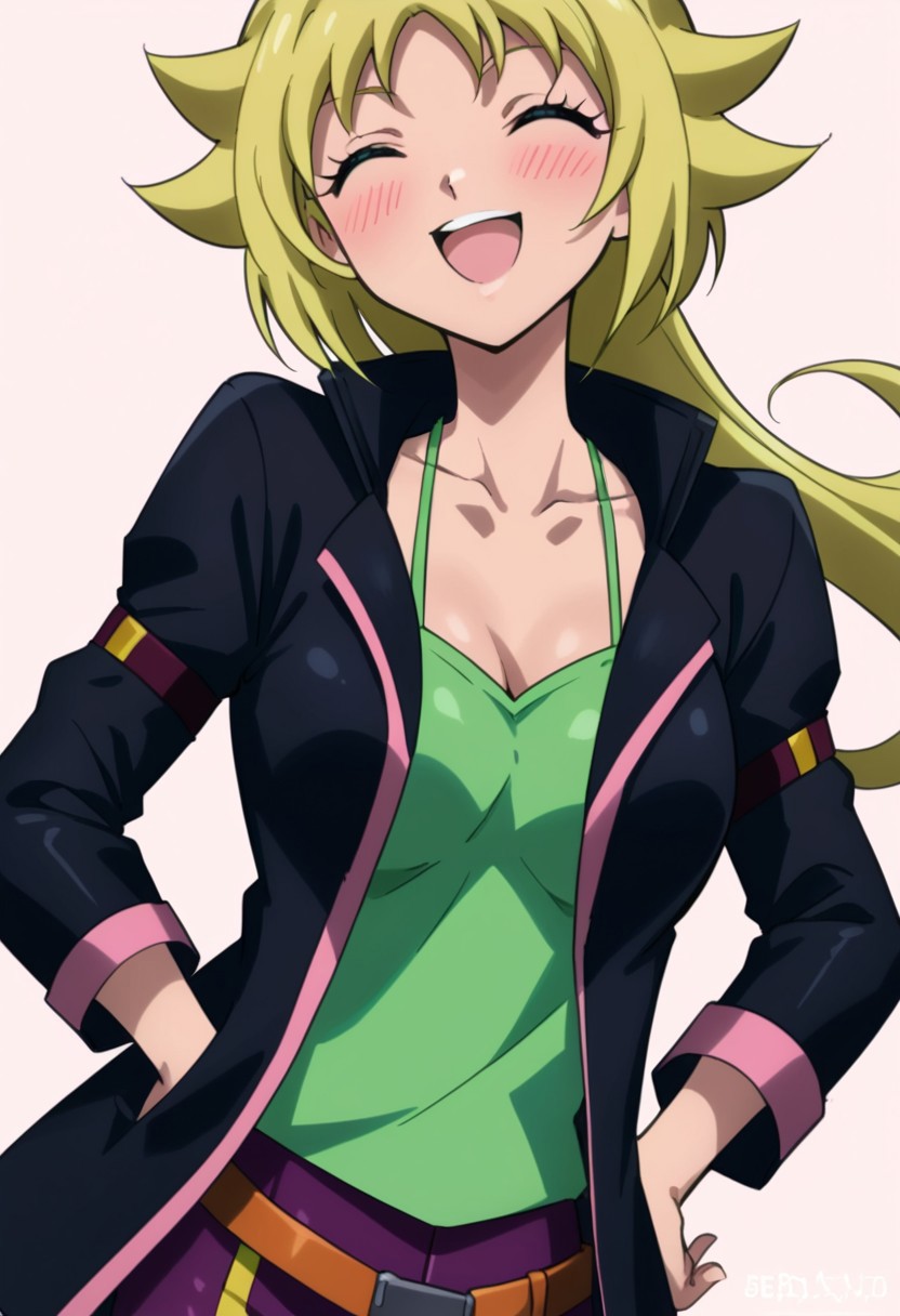 score 9, score 8 up, score 7 up,beyblade shogun steel, ren kurenai, (1girl:1), closed eyes, blonde hair, open mouth, smile, long hair, jacket, blush, hands on hips, black jacket, breasts, shirt, upper body, collarbone, ^ ^, green shirt