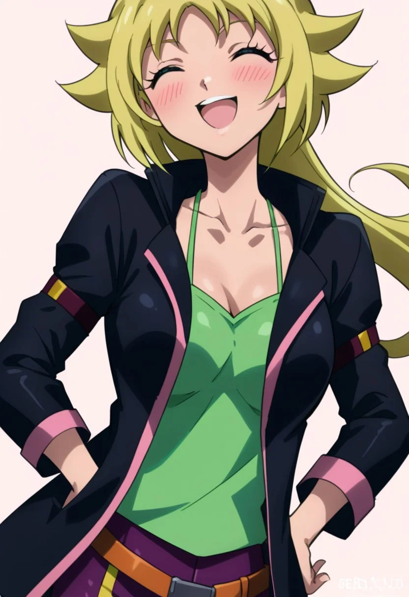 score 9, score 8 up, score 7 up,beyblade shogun steel, ren kurenai, (1girl:1), closed eyes, blonde hair, open mouth, smile, long hair, jacket, blush, hands on hips, black jacket, breasts, shirt, upper body, collarbone, ^ ^, green shirt