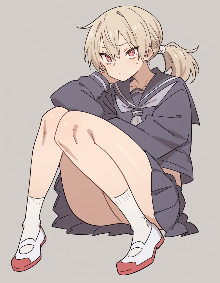 zPDXL, score_9, score_8_up, score_7_up, score_6_up, score_5_up, score_4_up, 1girl, solo,
 <lora:Maa:0.8> maa, flat color, serafuku, school uniform, pleated skirt, socks, white footwear, uwabaki, looking at viewer, ponytail with bangs, hourglass,